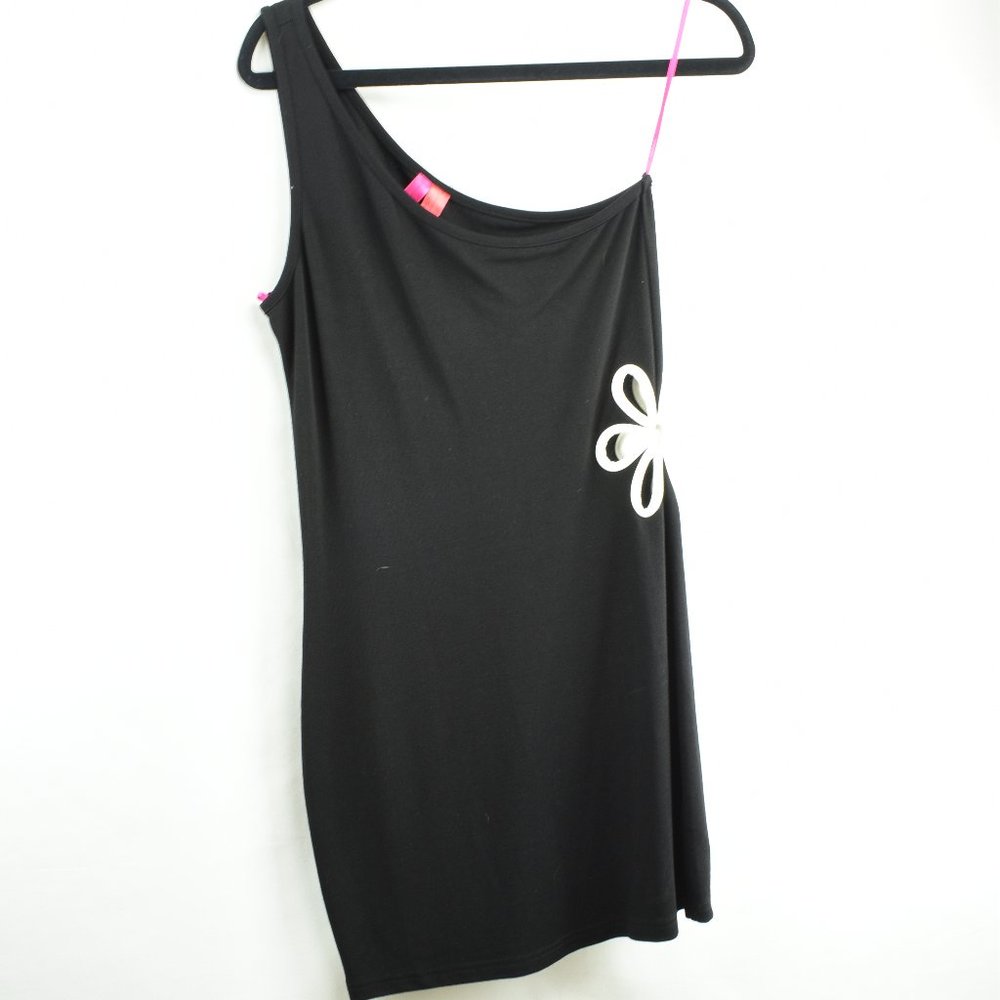 One Shoulder Black Dress with White Flower M